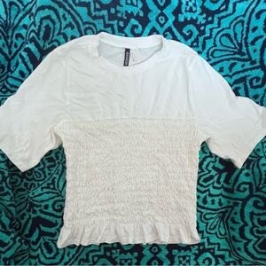 H&M White Smocked Ruffled Short Sleeve Tee